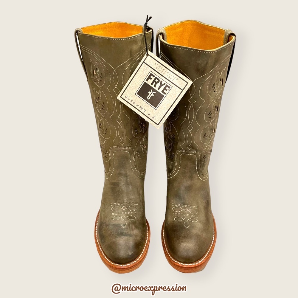 VINTAGE 1980 Frye Austin Sage Green Real Leather Floral Embroidered Cowboy Boot - Picture 3 of 14